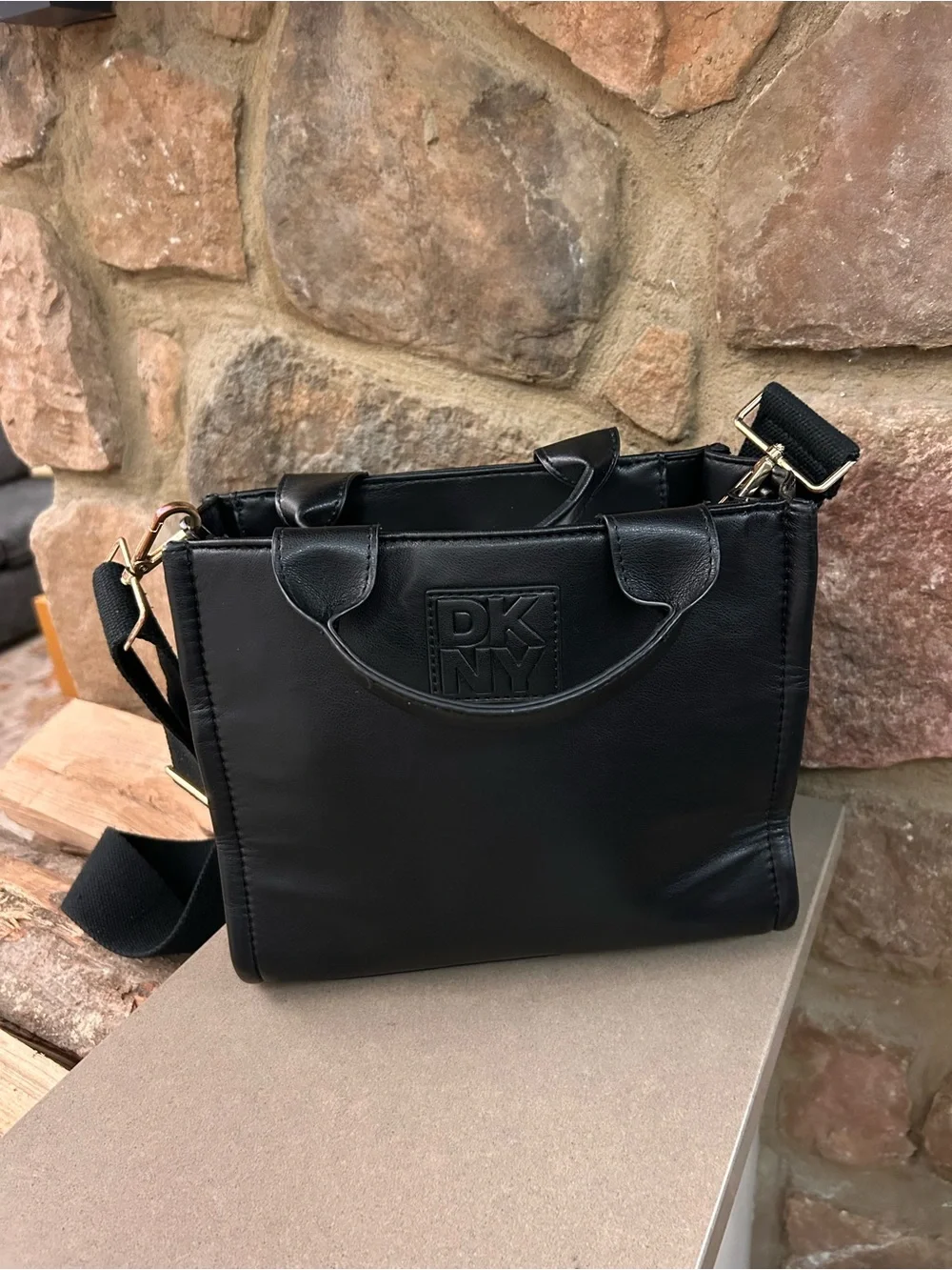 DKNY Black Leather Square Crossbody with Gold-Tone Accents NEW